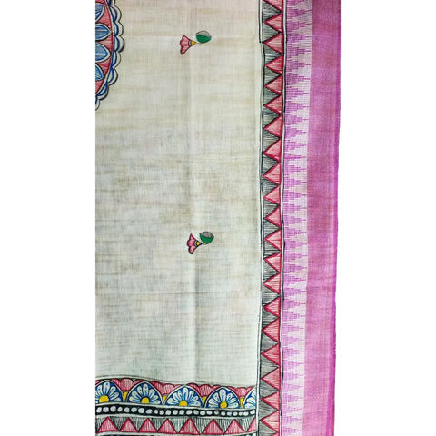 Mauve peacock fish Madhubani hand painted cotton silk dupatta — full flat display