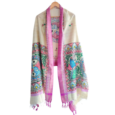 Hand painted mauve Madhubani dupatta with peacock motifs draped — ethnic wear
