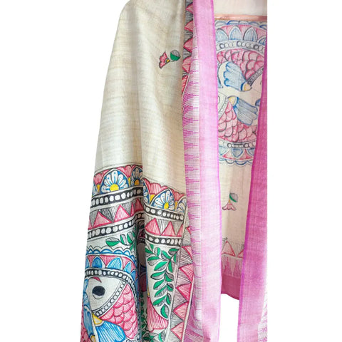Close-up of peacock fish motif on mauve Madhubani hand painted cotton silk dupatta
