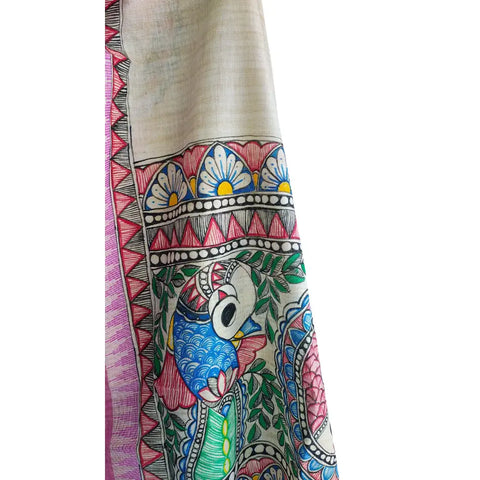Mauve peacock fish Madhubani hand painted cotton silk dupatta — full flat display
