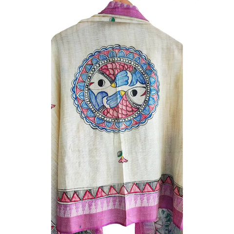Hand painted mauve Madhubani dupatta with peacock motifs draped — ethnic wear