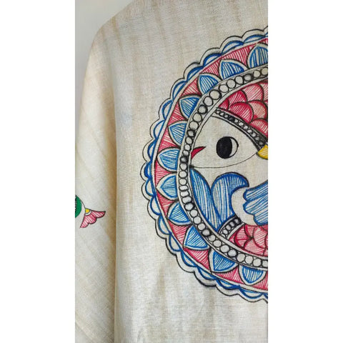 Close-up of peacock fish motif on mauve Madhubani hand painted cotton silk dupatta