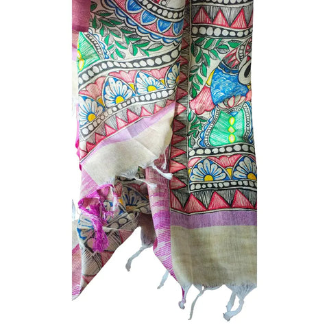 Mauve peacock fish Madhubani hand painted cotton silk dupatta — full flat display