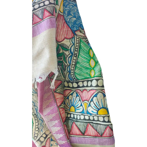Hand painted mauve Madhubani dupatta with peacock motifs draped — ethnic wear