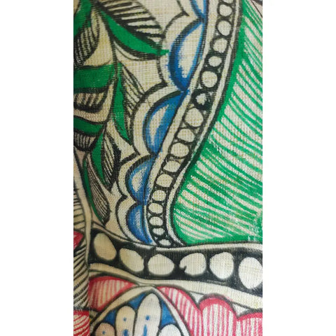 Close-up of peacock fish motif on mauve Madhubani hand painted cotton silk dupatta
