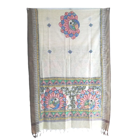 Grey peacock hand painted Madhubani art cotton silk dupatta — full hanger view