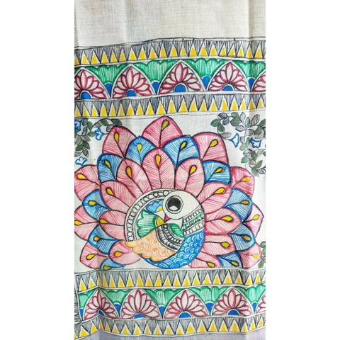 Grey Madhubani art dupatta with peacock motif draped — elegant ethnic styling
