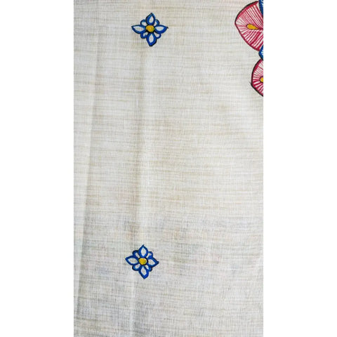 Close-up of hand painted grey peacock motif Madhubani art on cotton silk fabric