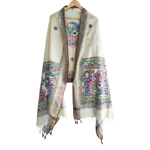 Grey peacock hand painted Madhubani art cotton silk dupatta — full hanger view
