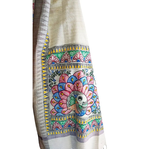 Grey Madhubani art dupatta with peacock motif draped — elegant ethnic styling