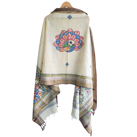 Grey peacock hand painted Madhubani art cotton silk dupatta — full hanger view