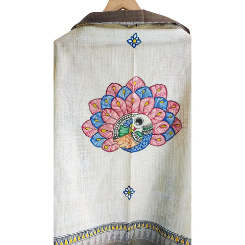 Grey Madhubani art dupatta with peacock motif draped — elegant ethnic styling