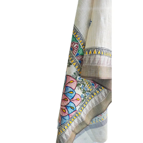 Close-up of hand painted grey peacock motif Madhubani art on cotton silk fabric