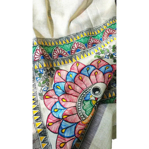 Grey peacock hand painted Madhubani art cotton silk dupatta — full hanger view