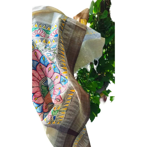 Grey Madhubani art dupatta with peacock motif draped — elegant ethnic styling
