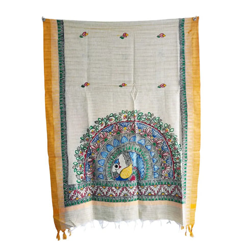 Mustard peacock mandala hand painted Madhubani art dupatta — full flat display