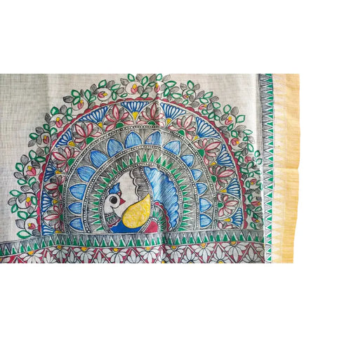 Mustard Madhubani dupatta with peacock mandala draped over traditional outfit