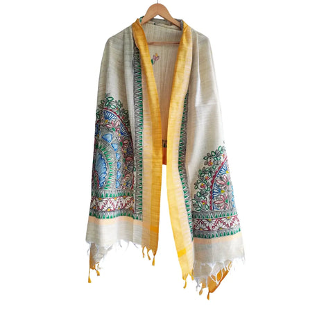 Mustard peacock mandala hand painted Madhubani art dupatta — full flat display