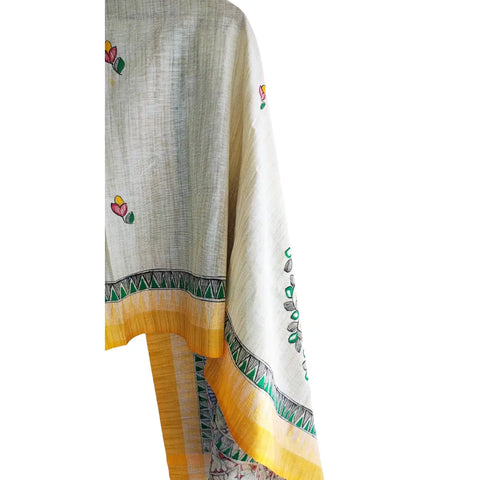 Mustard peacock mandala hand painted Madhubani art dupatta — full flat display