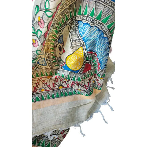 Mustard Madhubani dupatta with peacock mandala draped over traditional outfit