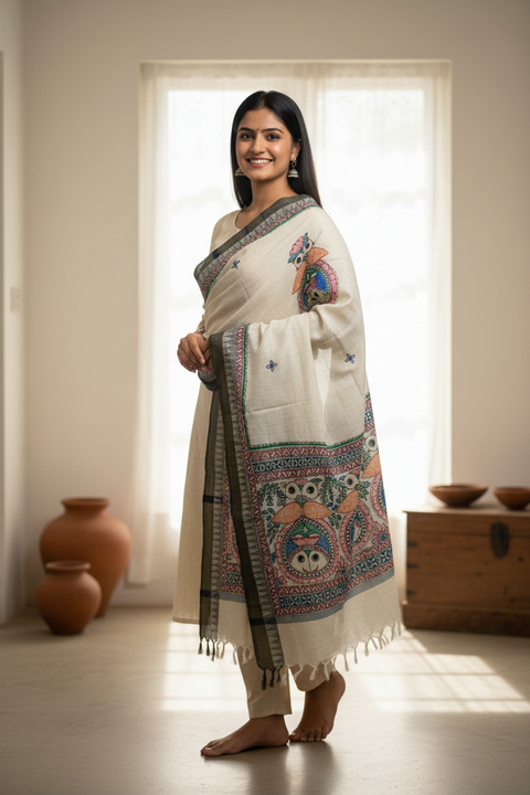 Olive Owl Motif Hand Painted Madhubani Art Cotton Silk Dupatta