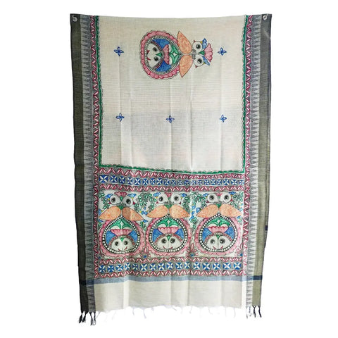 Olive owl motif hand painted Madhubani art cotton silk dupatta — hanger display