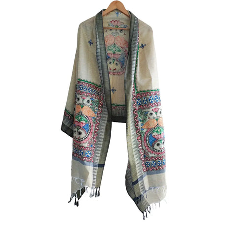 Olive Madhubani art dupatta with owl motif draped — unique hand painted ethnic wear