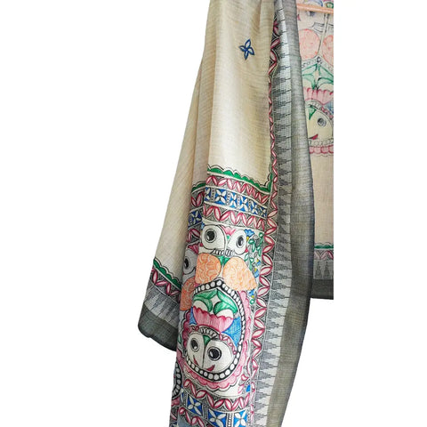 Close-up of hand painted owl motif Madhubani art on olive cotton silk dupatta
