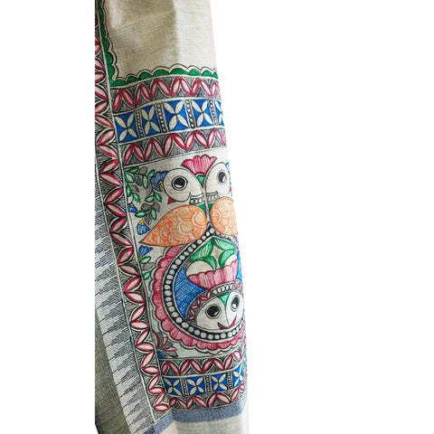 Olive owl motif hand painted Madhubani art cotton silk dupatta — hanger display