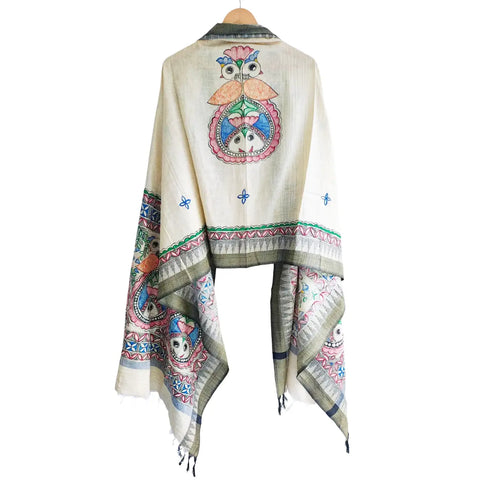 Olive Madhubani art dupatta with owl motif draped — unique hand painted ethnic wear