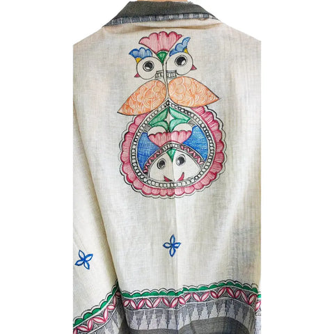 Close-up of hand painted owl motif Madhubani art on olive cotton silk dupatta