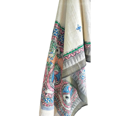 Olive owl motif hand painted Madhubani art cotton silk dupatta — hanger display