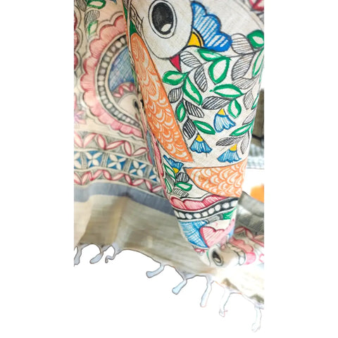 Olive Madhubani art dupatta with owl motif draped — unique hand painted ethnic wear