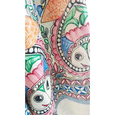 Close-up of hand painted owl motif Madhubani art on olive cotton silk dupatta