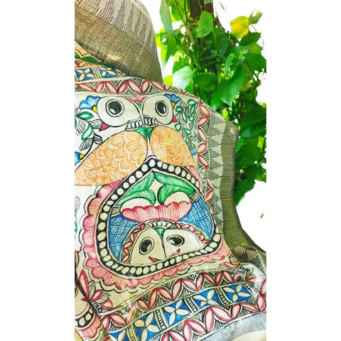 Olive owl motif hand painted Madhubani art cotton silk dupatta — hanger display