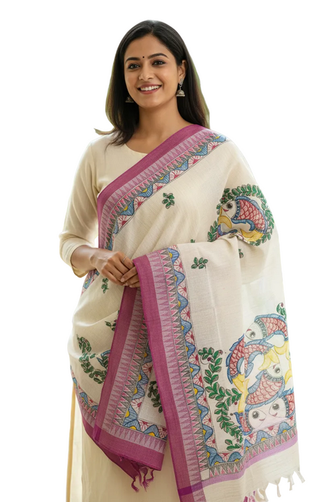Purple Fish Madhubani Hand Painted Cotton Silk Dupatta