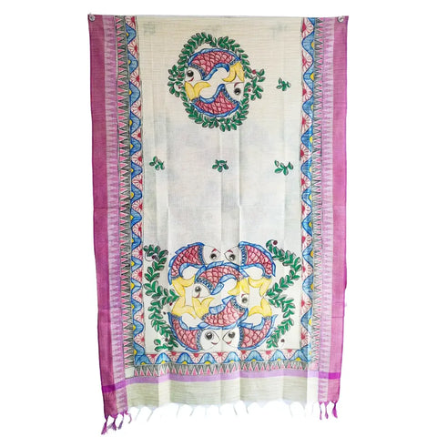 Purple fish Madhubani hand painted cotton silk dupatta — full flat display view