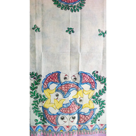 Purple Madhubani dupatta with fish motif draped — traditional Bihar hand painted art