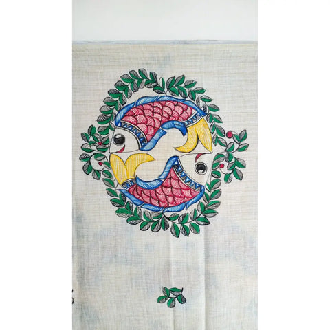 Close-up of hand painted fish motif on purple Madhubani cotton silk dupatta