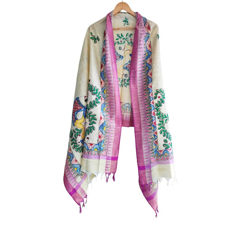 Purple fish Madhubani hand painted cotton silk dupatta — full flat display view