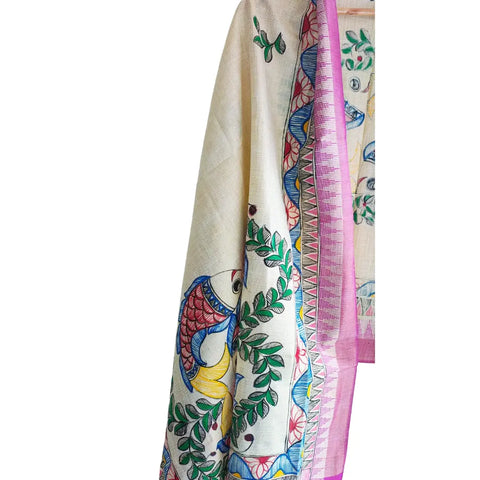 Purple Madhubani dupatta with fish motif draped — traditional Bihar hand painted art