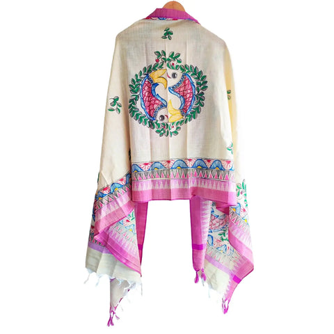 Close-up of hand painted fish motif on purple Madhubani cotton silk dupatta