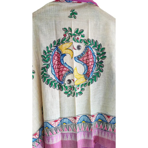 Purple fish Madhubani hand painted cotton silk dupatta — full flat display view