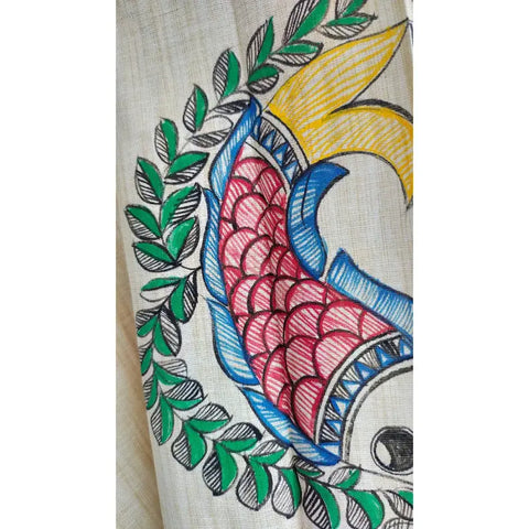 Purple Madhubani dupatta with fish motif draped — traditional Bihar hand painted art