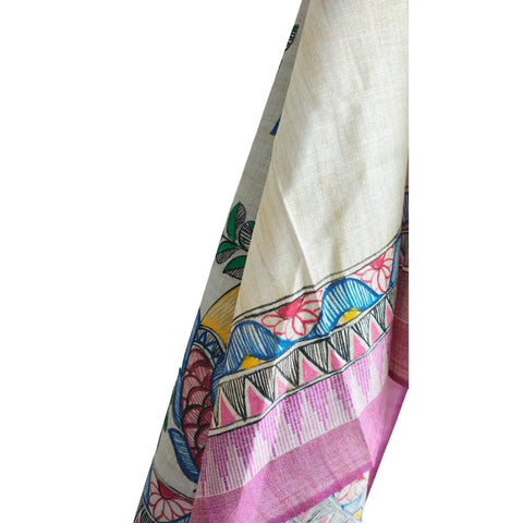 Close-up of hand painted fish motif on purple Madhubani cotton silk dupatta