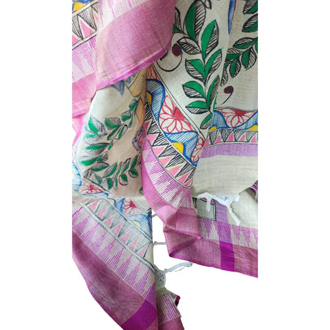 Purple fish Madhubani hand painted cotton silk dupatta — full flat display view