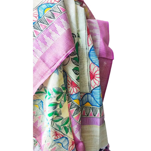 Purple Madhubani dupatta with fish motif draped — traditional Bihar hand painted art
