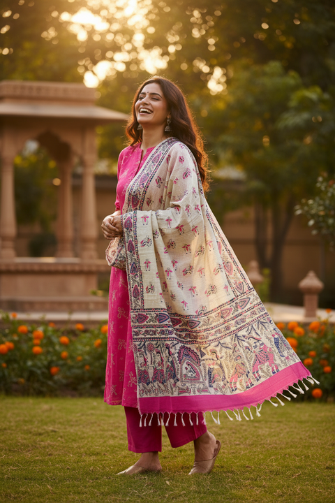 Pink Madhubani Art Printed Cotton Silk Dupatta