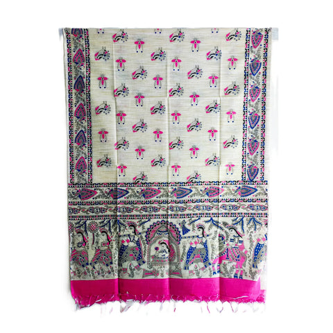 Pink Madhubani art printed cotton silk dupatta — full hanger display view
