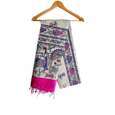 Pink printed Madhubani dupatta draped over ethnic outfit — traditional fashion